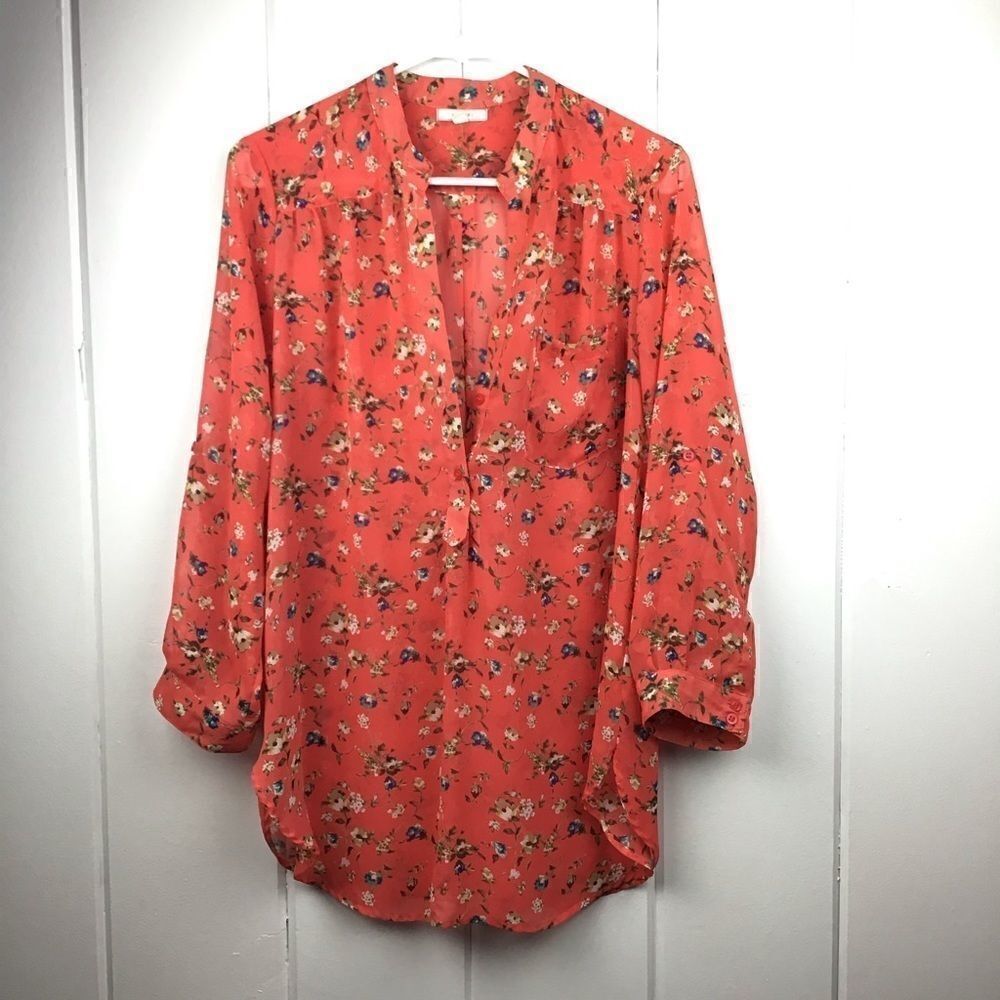 ‎Pleione Orange Top Floral 3/4 Sleeve Blouse, Blue Flower, Size Small